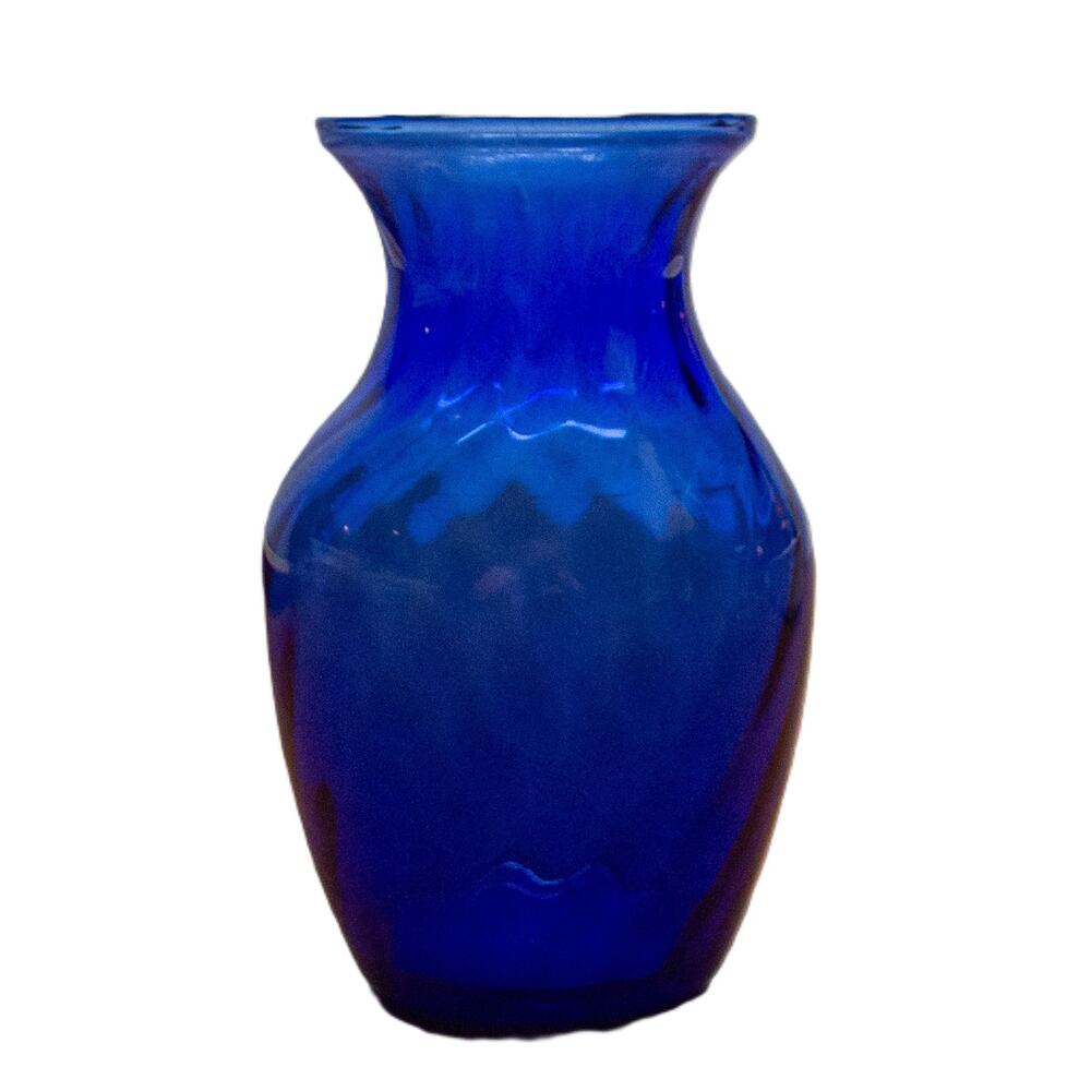 Vintage Handblown INDIANA GLASS Cobalt Blue Illusions Vase Optic Swirl Ribbed